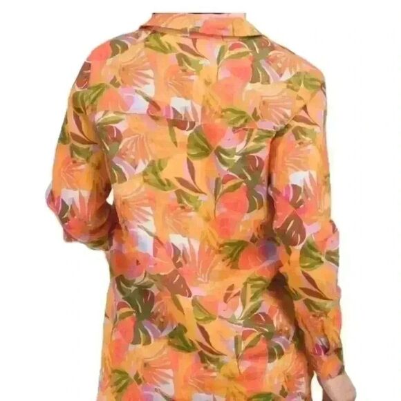 C&C CALIFORNIA Linen Shirt Roll Tab Sleeve Starburst Tropic Print Top SZ small - Picture 2 of 5